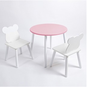Комплект детский стол КРУГЛЫЙ и два стула МИШКА ROLTI Baby (розовая столешница/белое сиденье/белые ножки) в Губкинском - gubkinskiy.mebel24.online | фото 1